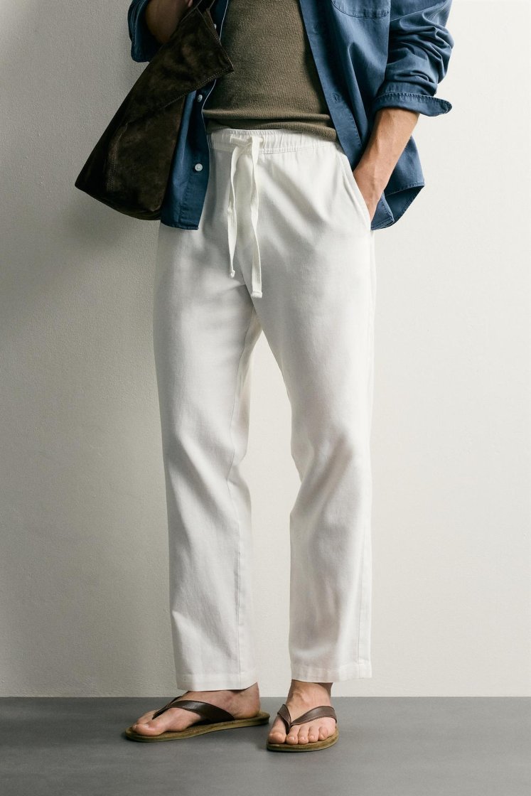 Zara Relaxed Cotton-Linen Trousers — Off White