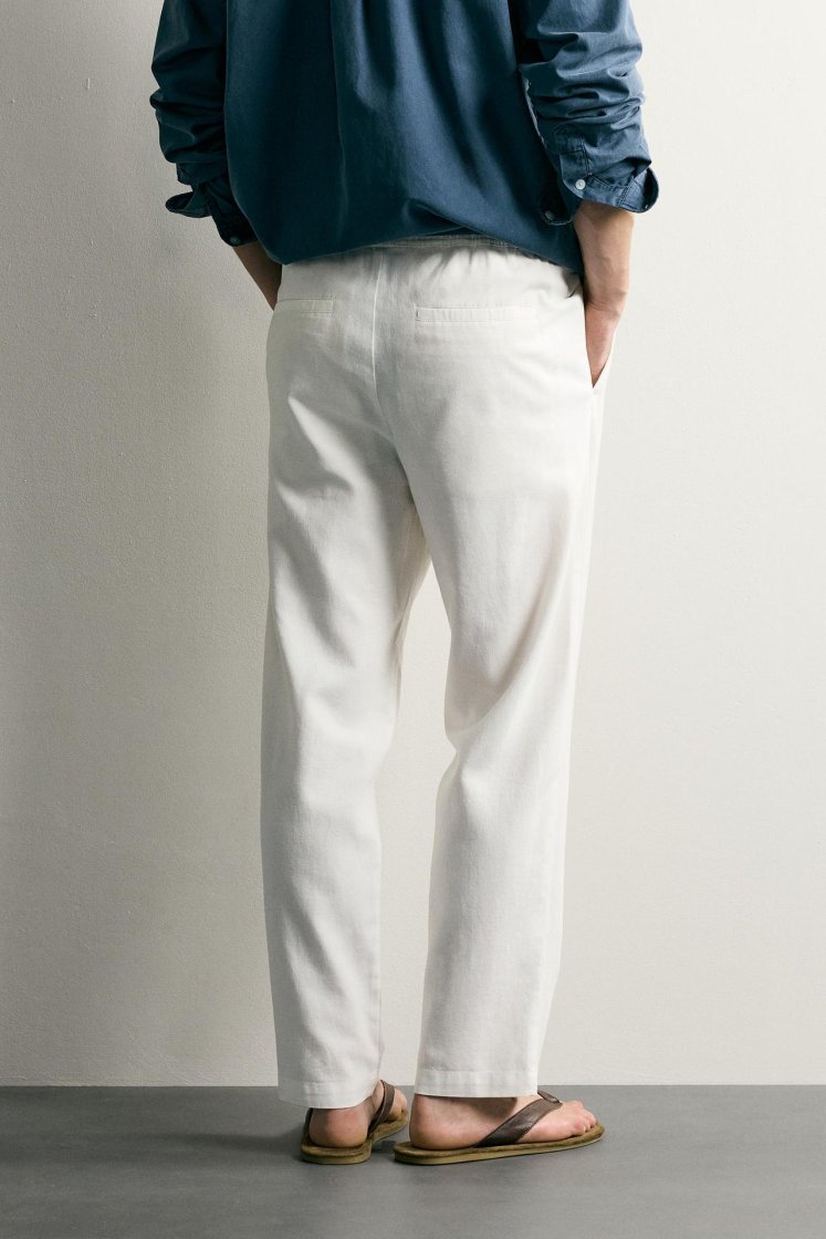 Zara Relaxed Cotton-Linen Trousers — Off White