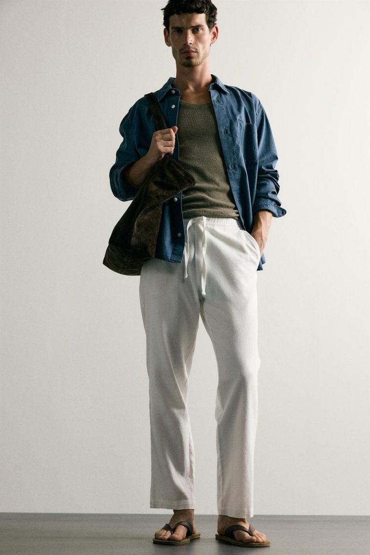 Zara Relaxed Cotton-Linen Trousers — Off White