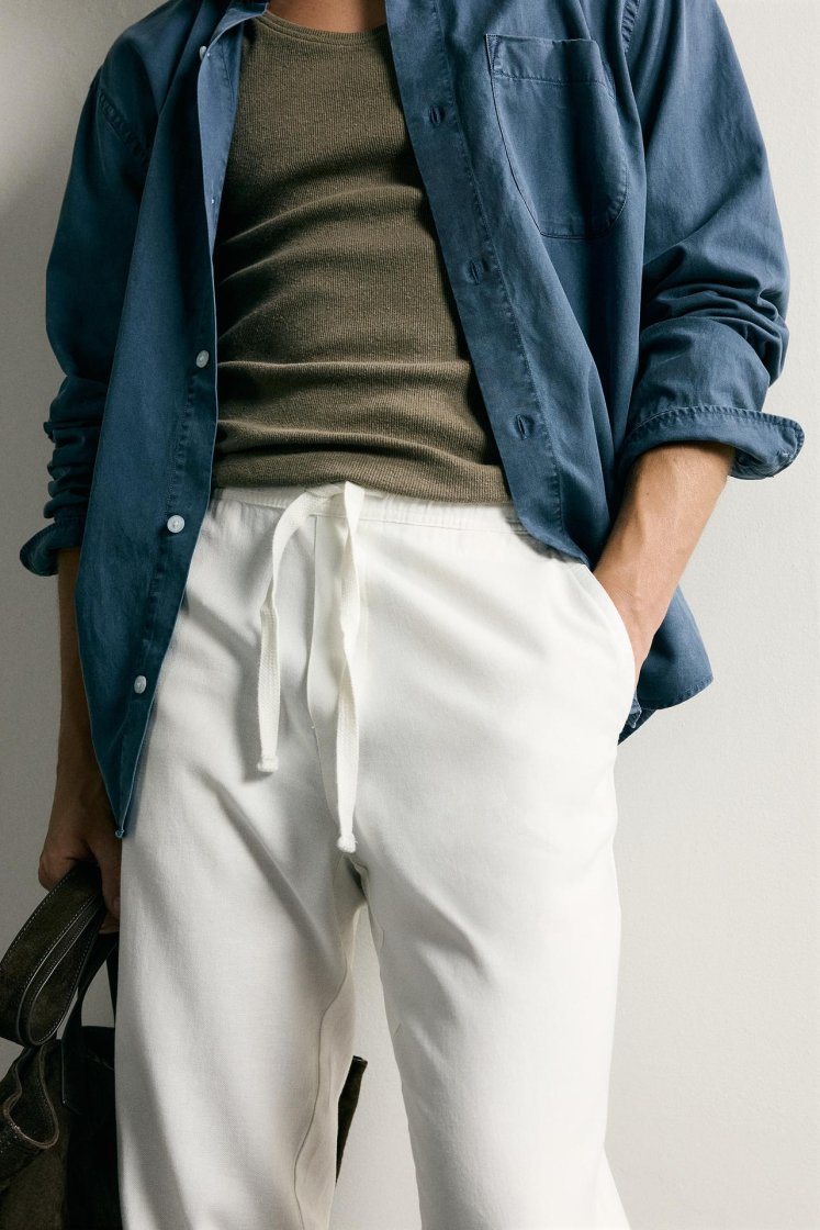 Zara Relaxed Cotton-Linen Trousers — Off White