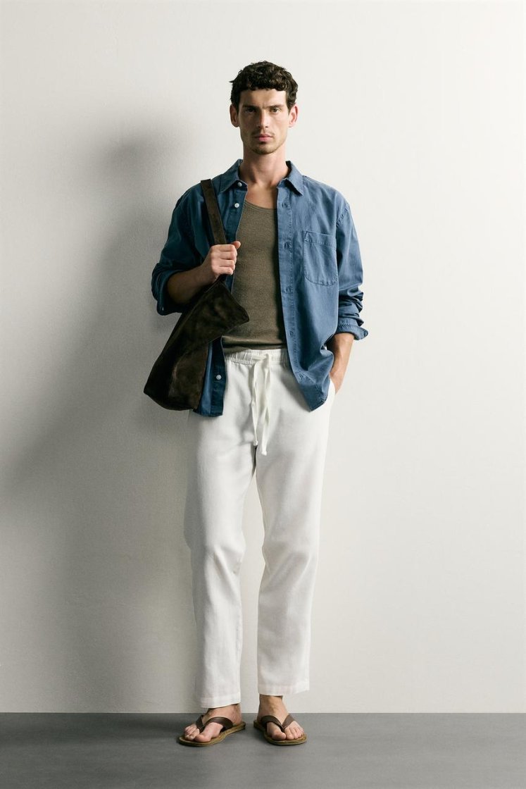 Zara Relaxed Cotton-Linen Trousers — Off White