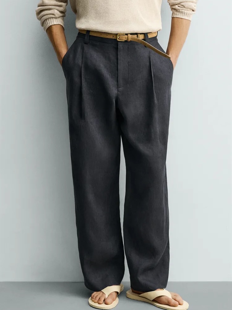 Zara Relaxed Linen Pleated Trouser — Midnight