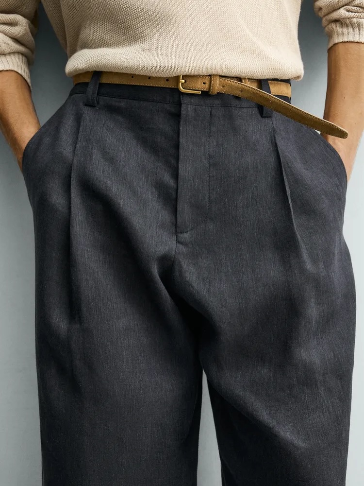 Zara Relaxed Linen Pleated Trouser — Midnight