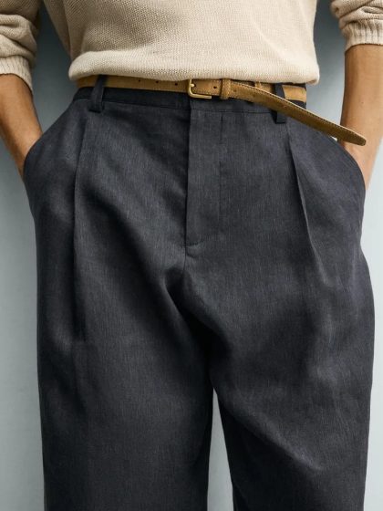 Pantalon Plissé en Lin Décontrac