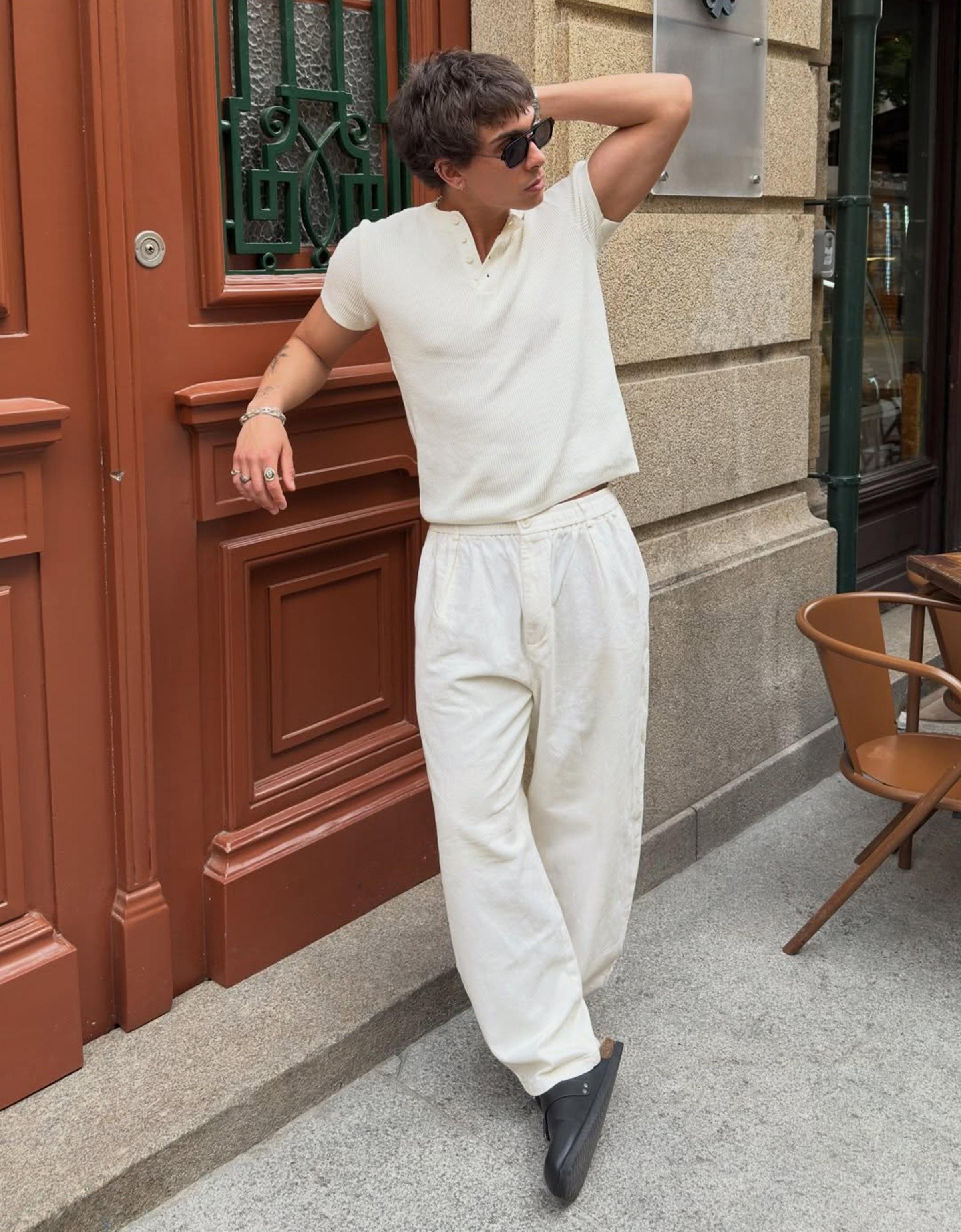 Bershka Super Baggy Linen-Blend Pants — Blanc cassé