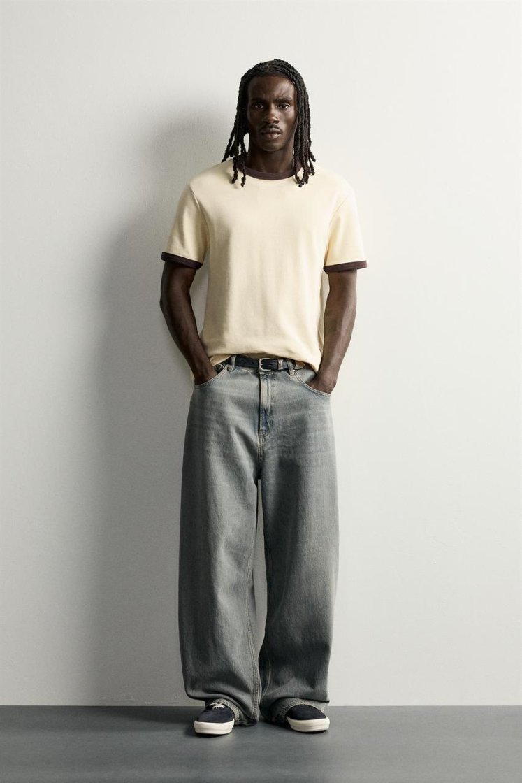 Zara Rigid Baggy Denim Jeans — blue / green