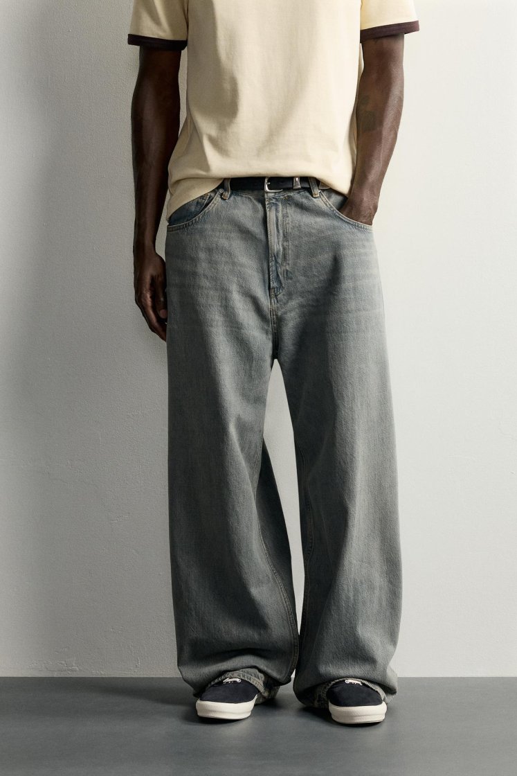 Zara Rigid Baggy Denim Jeans — blue / green
