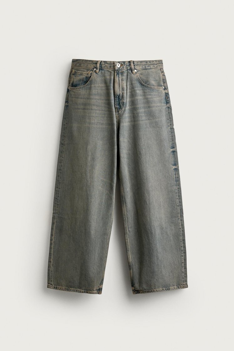 Zara Rigid Baggy Denim Jeans — blue / green