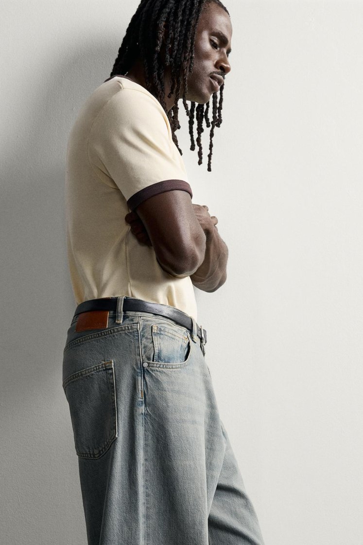 Zara Rigid Baggy Denim Jeans — blue / green