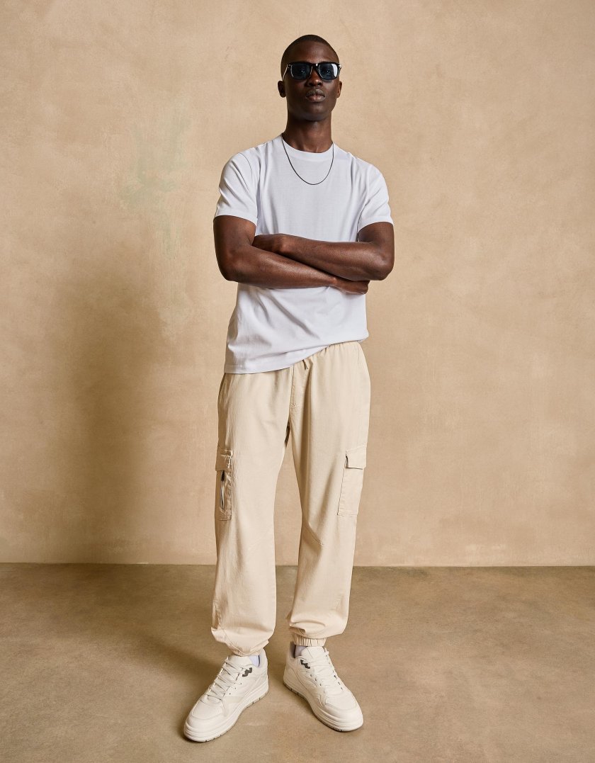 Bershka Cargo Jogger Fit Pants — Ivory