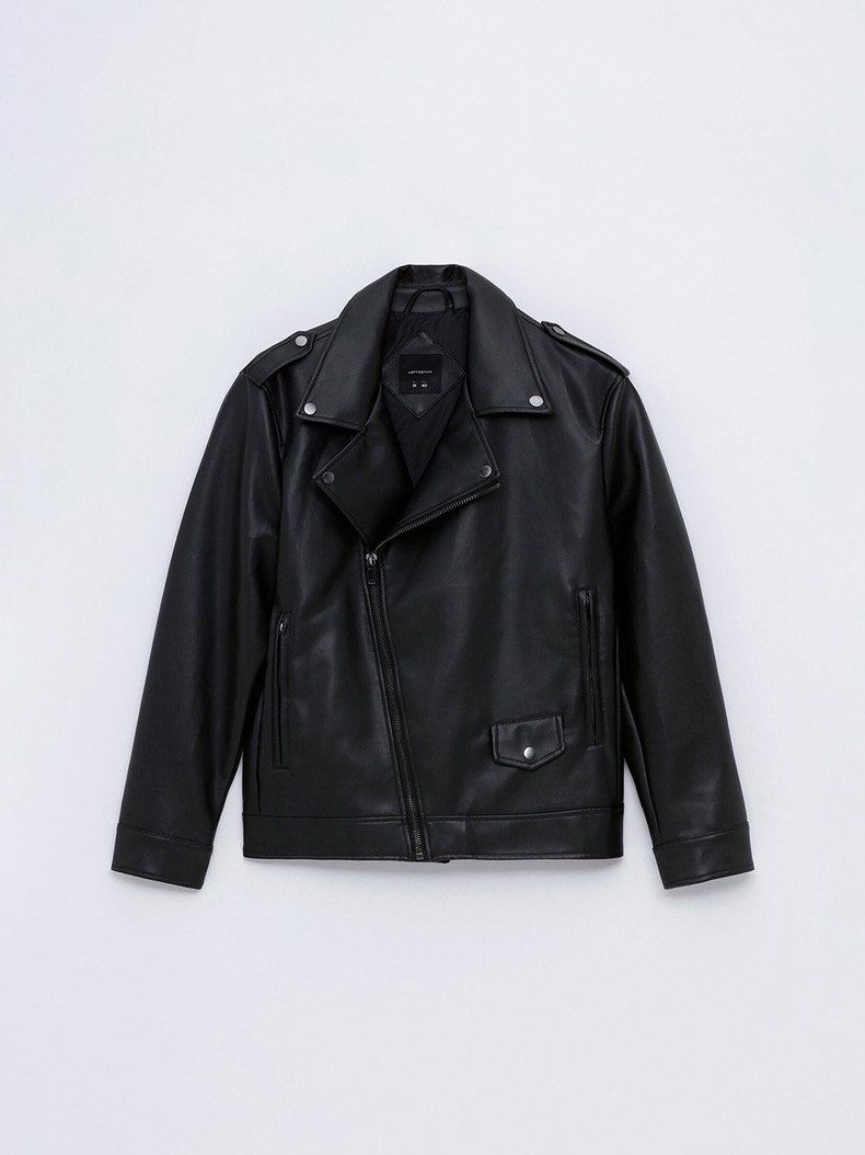 Lefties PU Leather Biker Jacket — Black