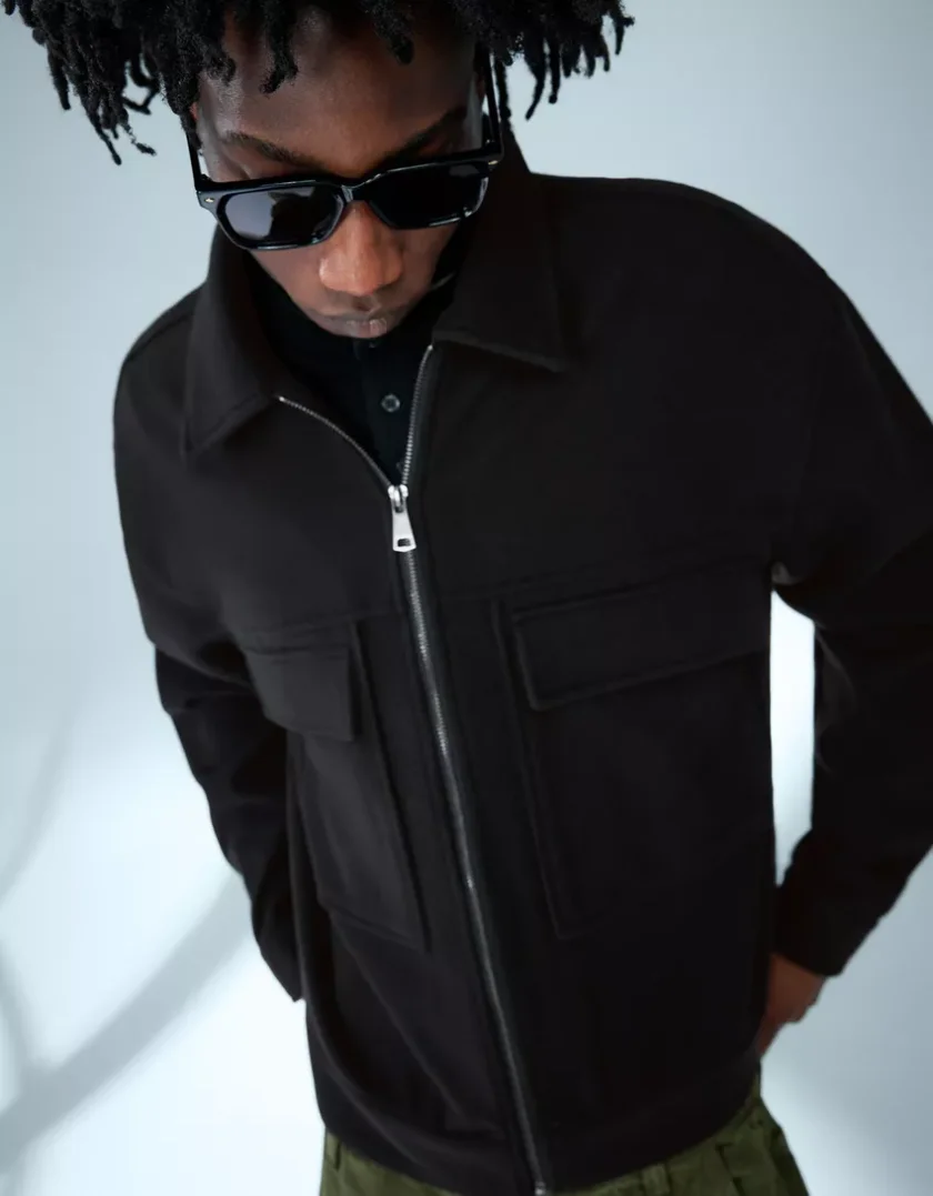 Bershka Boxy Zip Overshirt — Black