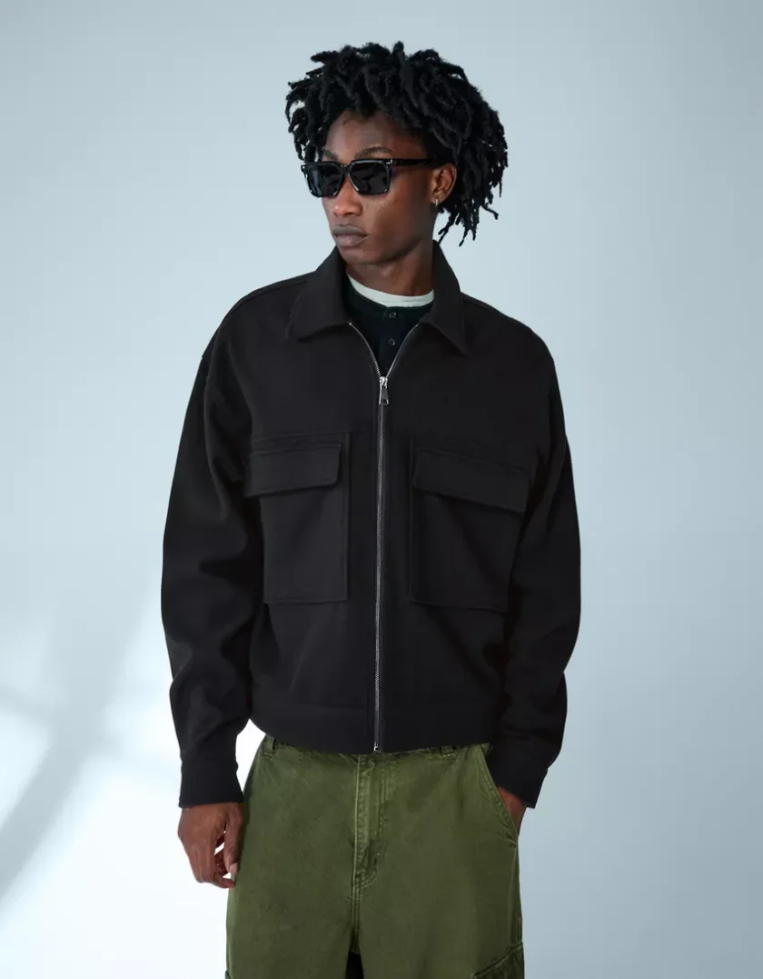 Bershka Boxy Zip Overshirt — Black