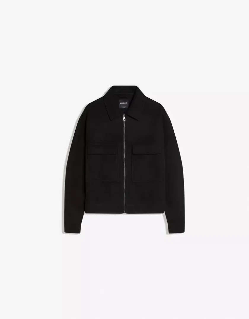 Bershka Boxy Zip Overshirt — Black