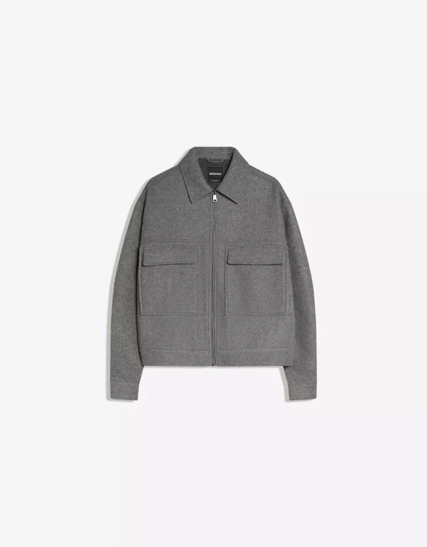 Bershka Boxy Zip Overshirt — Silver