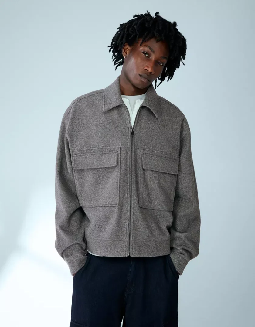 Bershka Boxy Zip Overshirt — Silver