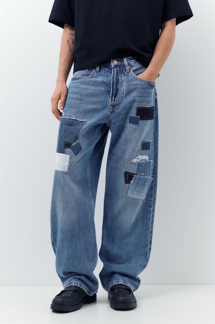 Pull&Bear Baggy Patchwork Blue Jeans — Blue