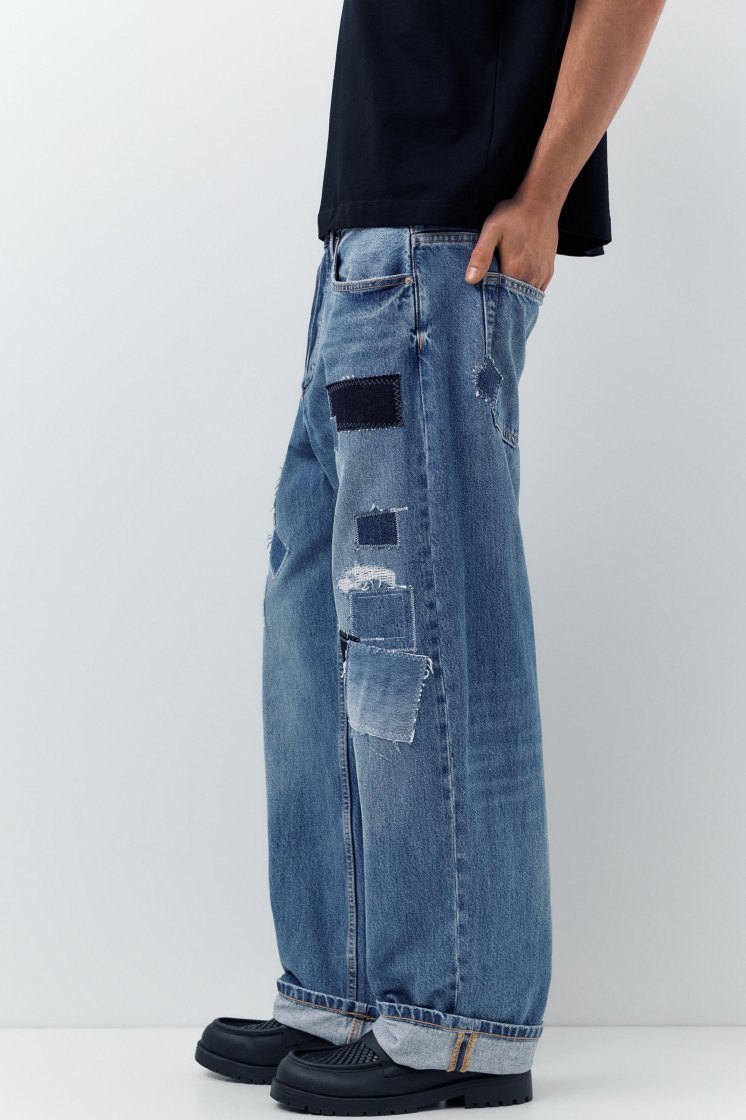Pull&Bear Baggy Patchwork Blue Jeans — Blue