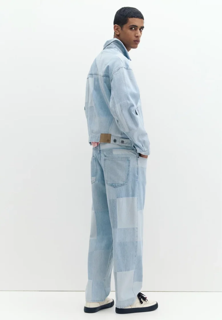 Pull&Bear Patchwork Check Denim Jacket — Sky Blue