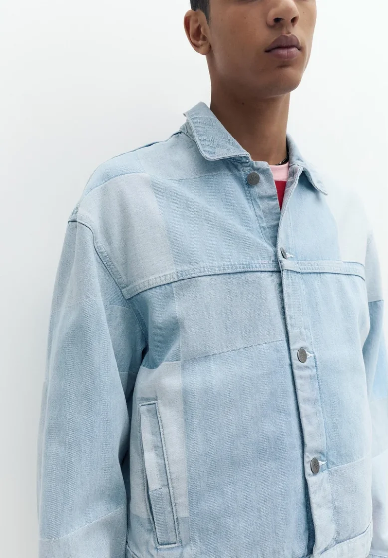 Pull&Bear Patchwork Check Denim Jacket — Sky Blue
