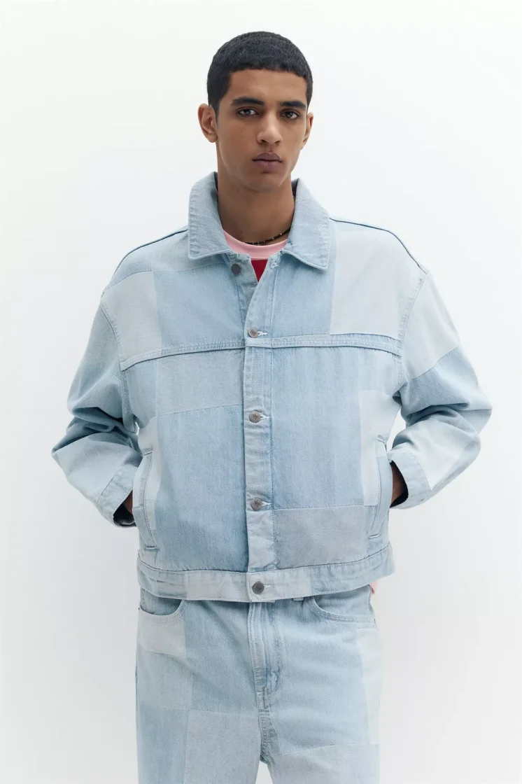 Pull&Bear Patchwork Check Denim Jacket — Sky Blue