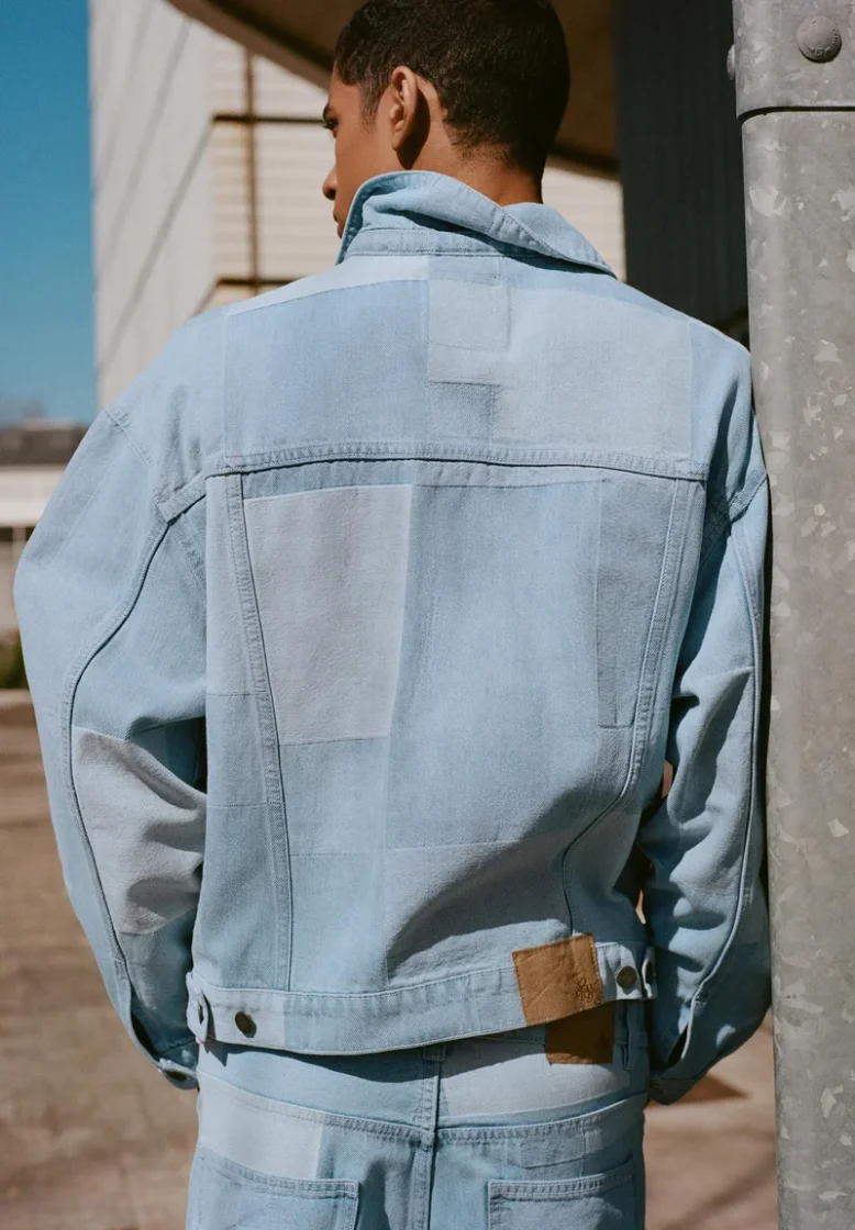 Pull&Bear Patchwork Check Denim Jacket — Sky Blue