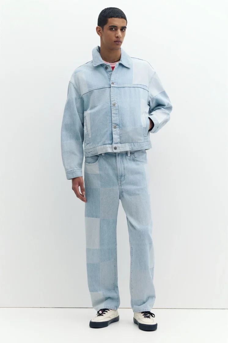 Pull&Bear Patchwork Check Denim Jacket — Sky Blue