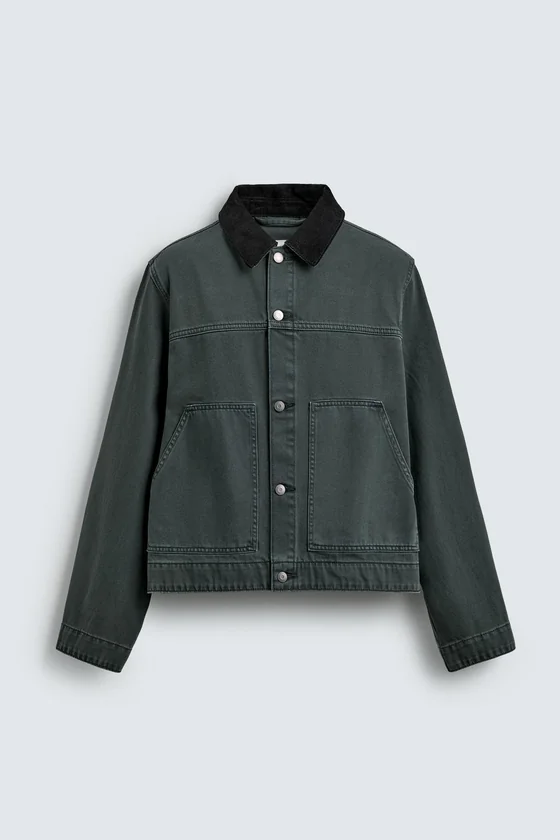 Zara Cropped Corduroy-Collar Jacket — Teal
