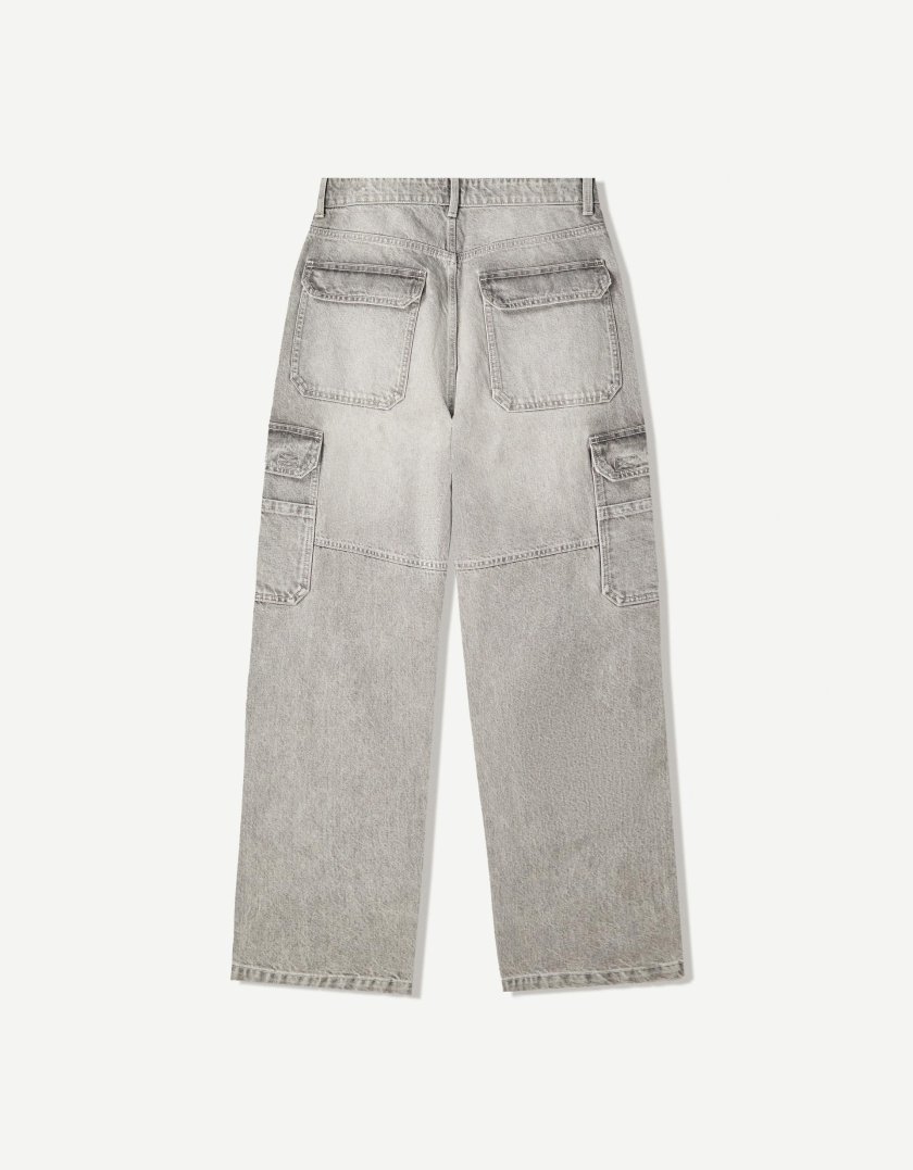Bershka Baggy Cargo Jeans — Silver