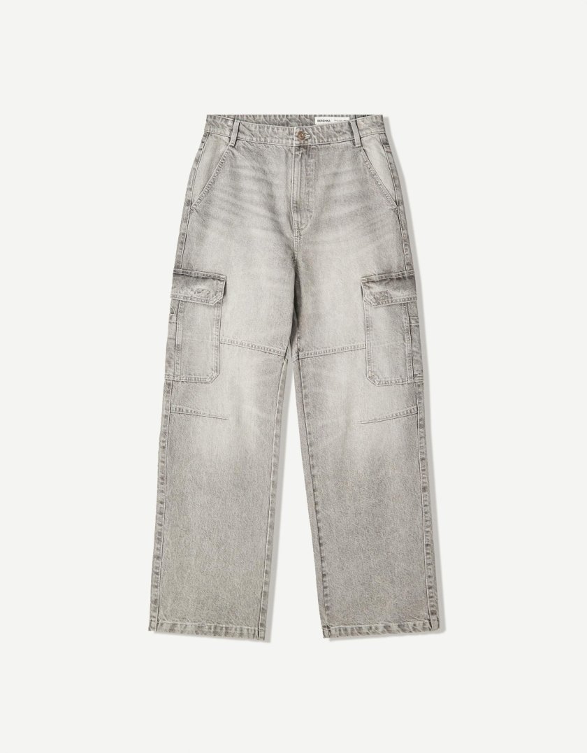 Bershka Baggy Cargo Jeans — Silver
