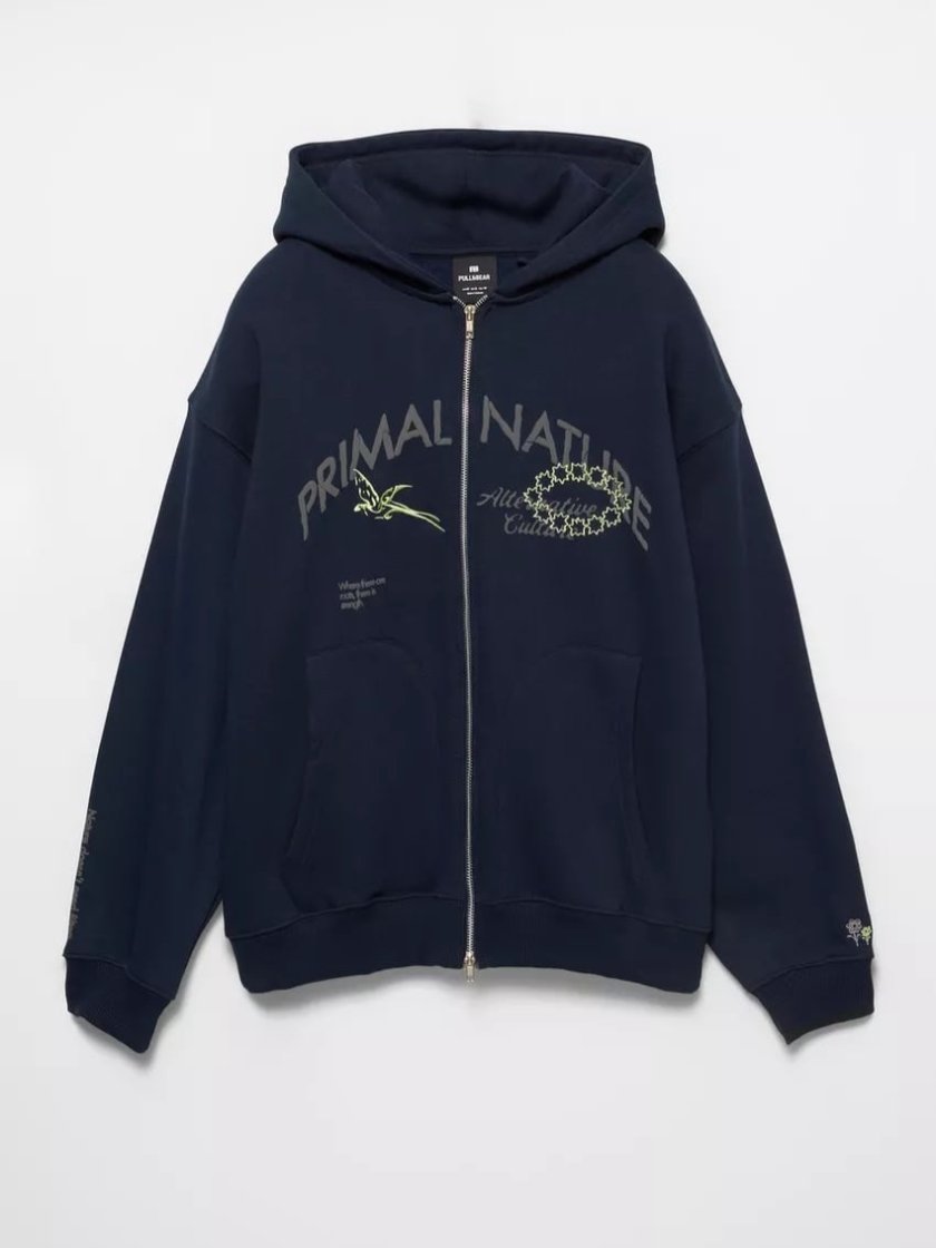 Pull&Bear Graphic Print Hoodie — Navy
