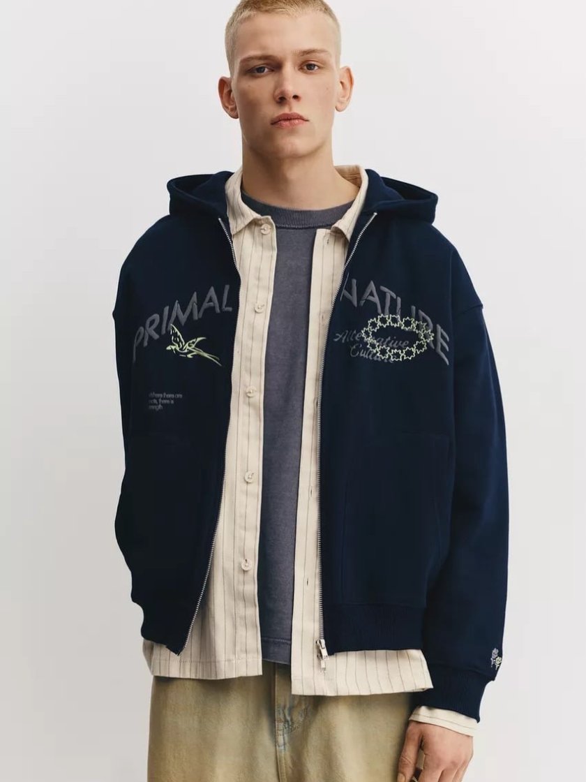 Pull&Bear Graphic Print Hoodie — Navy