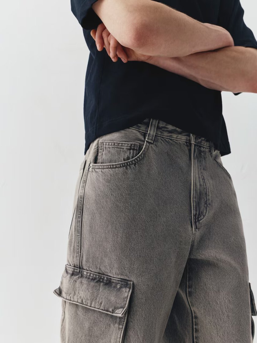 Pull&Bear Grey Baggy Cargo Denim — Silver
