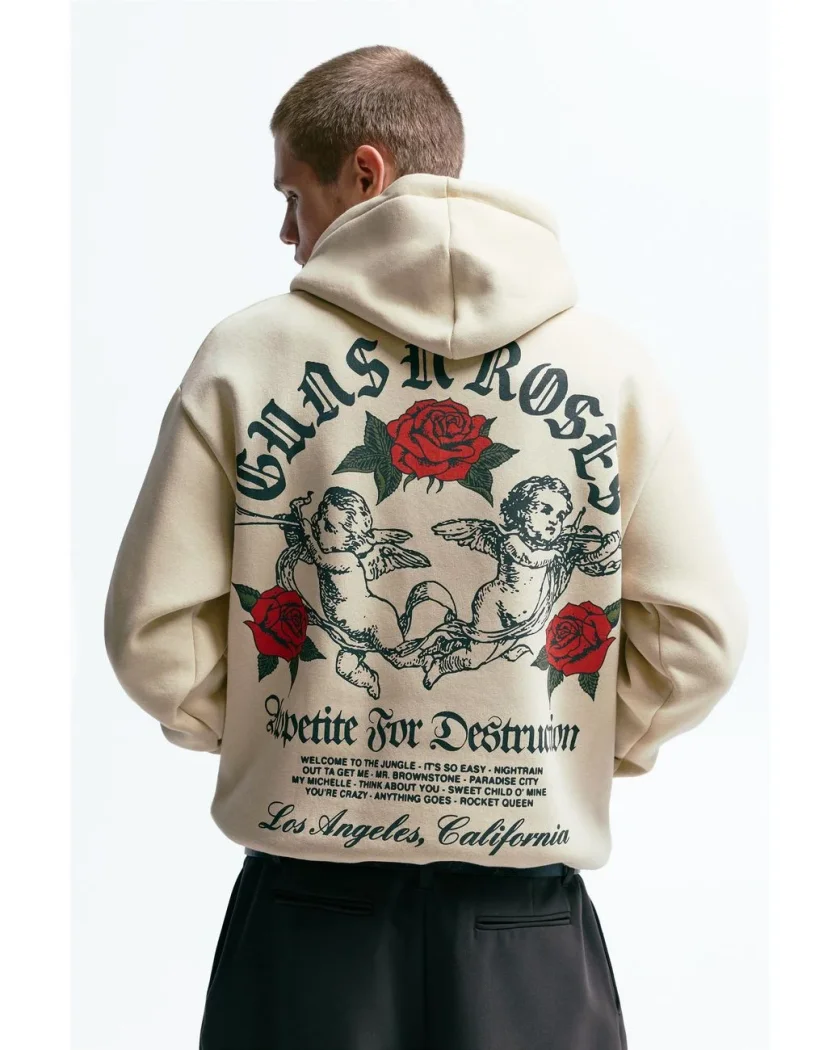 Pull&Bear Guns N' Roses Graphic Hoodie — Cream