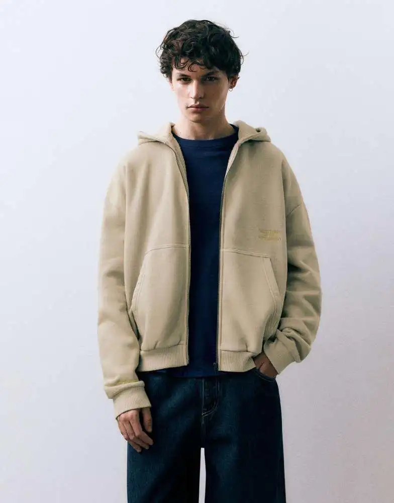 Pull&Bear Oversized Graphic Hoodie — Beige