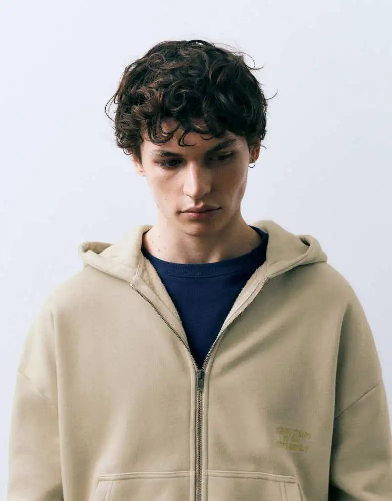 Pull&Bear Oversized Graphic Hoodie — Beige