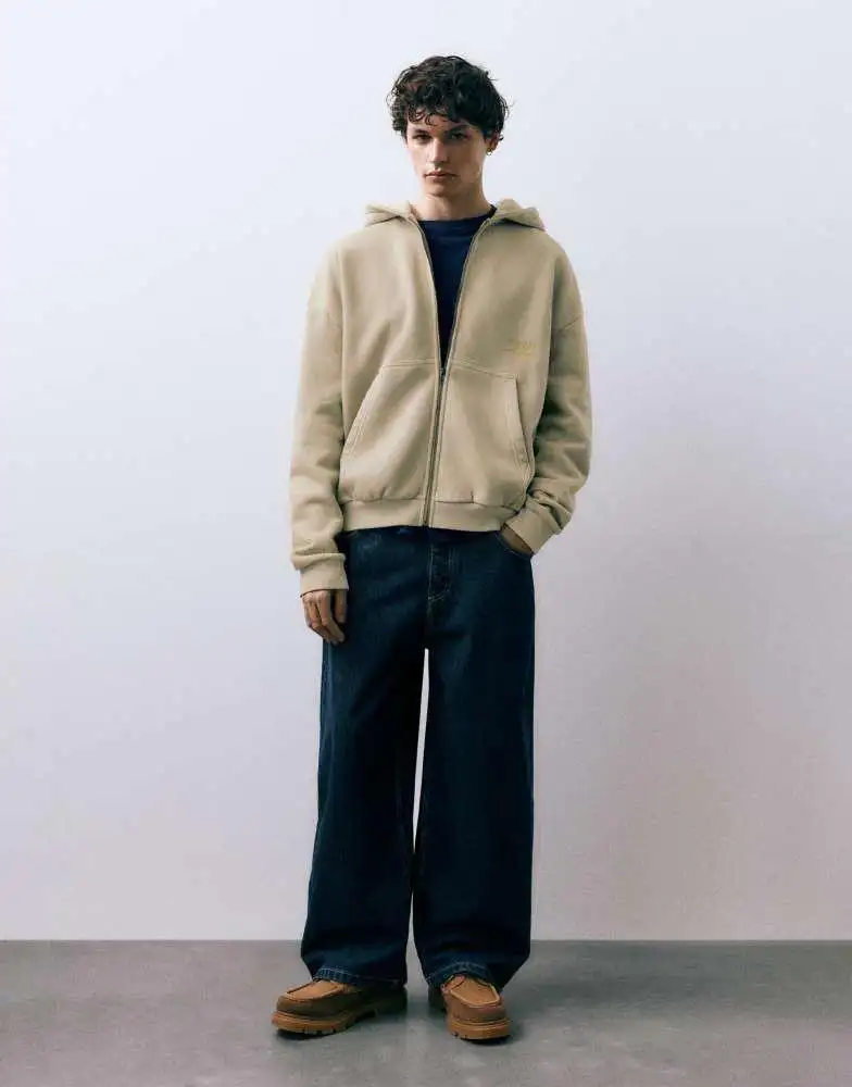 Pull&Bear Oversized Graphic Hoodie — Beige