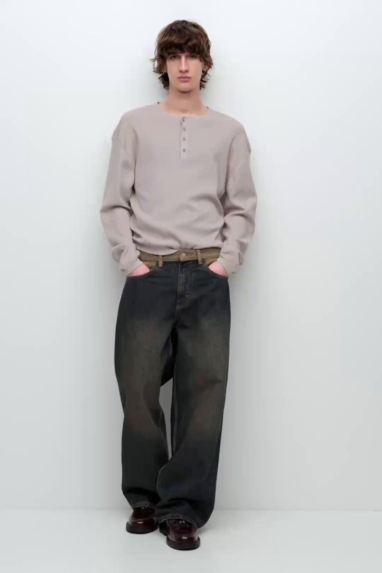 Pull&Bear Wide-Leg Contrast Waist Jeans