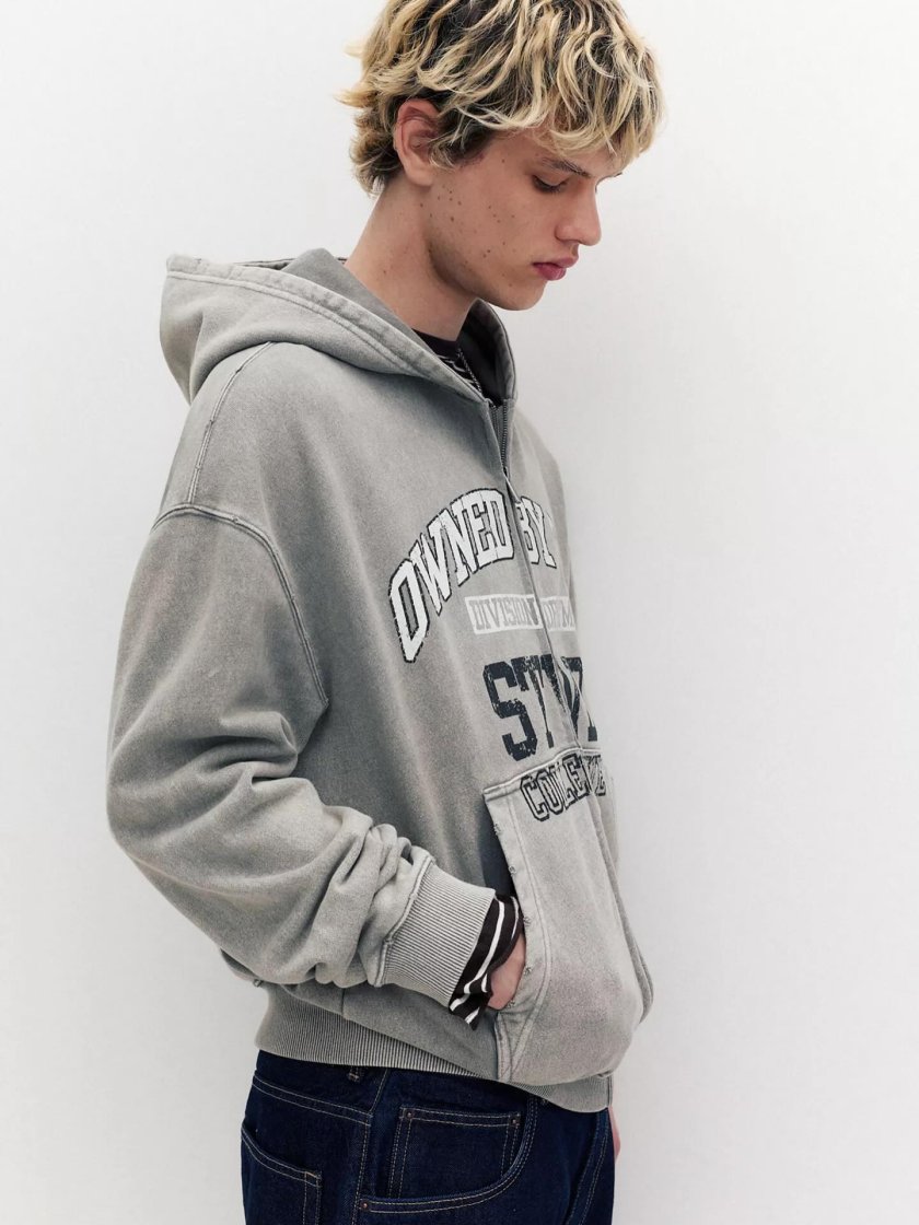 Washed Grey Graphic Hoodie — Grey