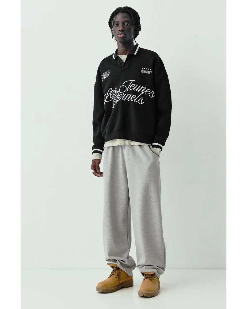 Pull&Bear Embroidered Collar Sweatshirt — Black