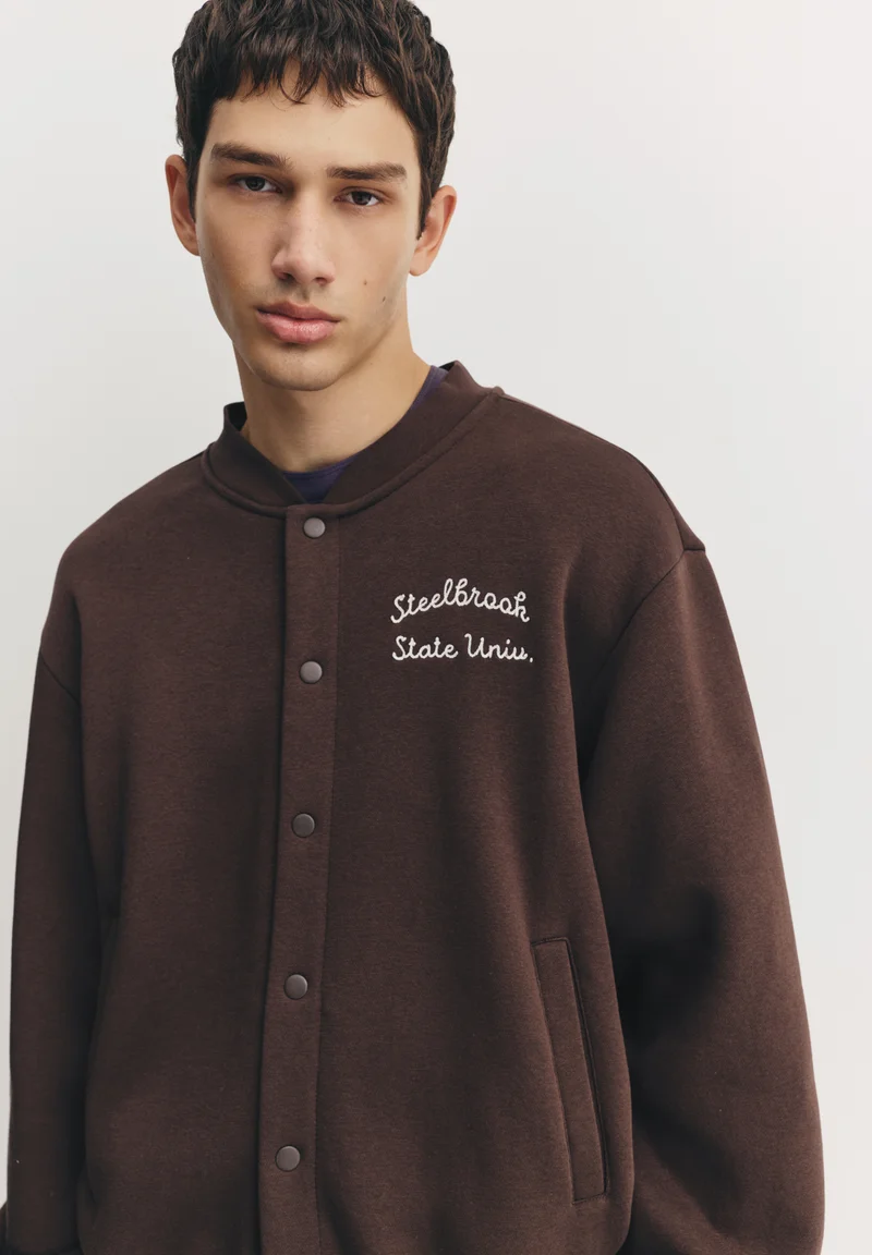 Pull&Bear Embroidered Varsity Jacket — Brown