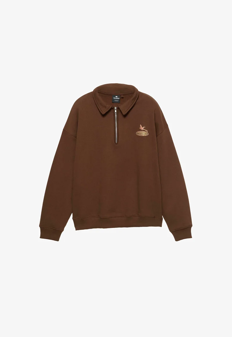 Pull&Bear Embroidered Quarter-Zip — Brown