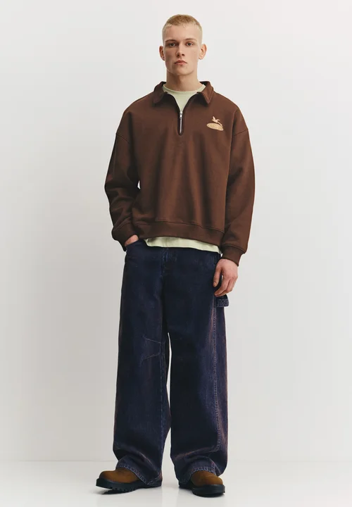 Pull&Bear Embroidered Quarter-Zip — Brown