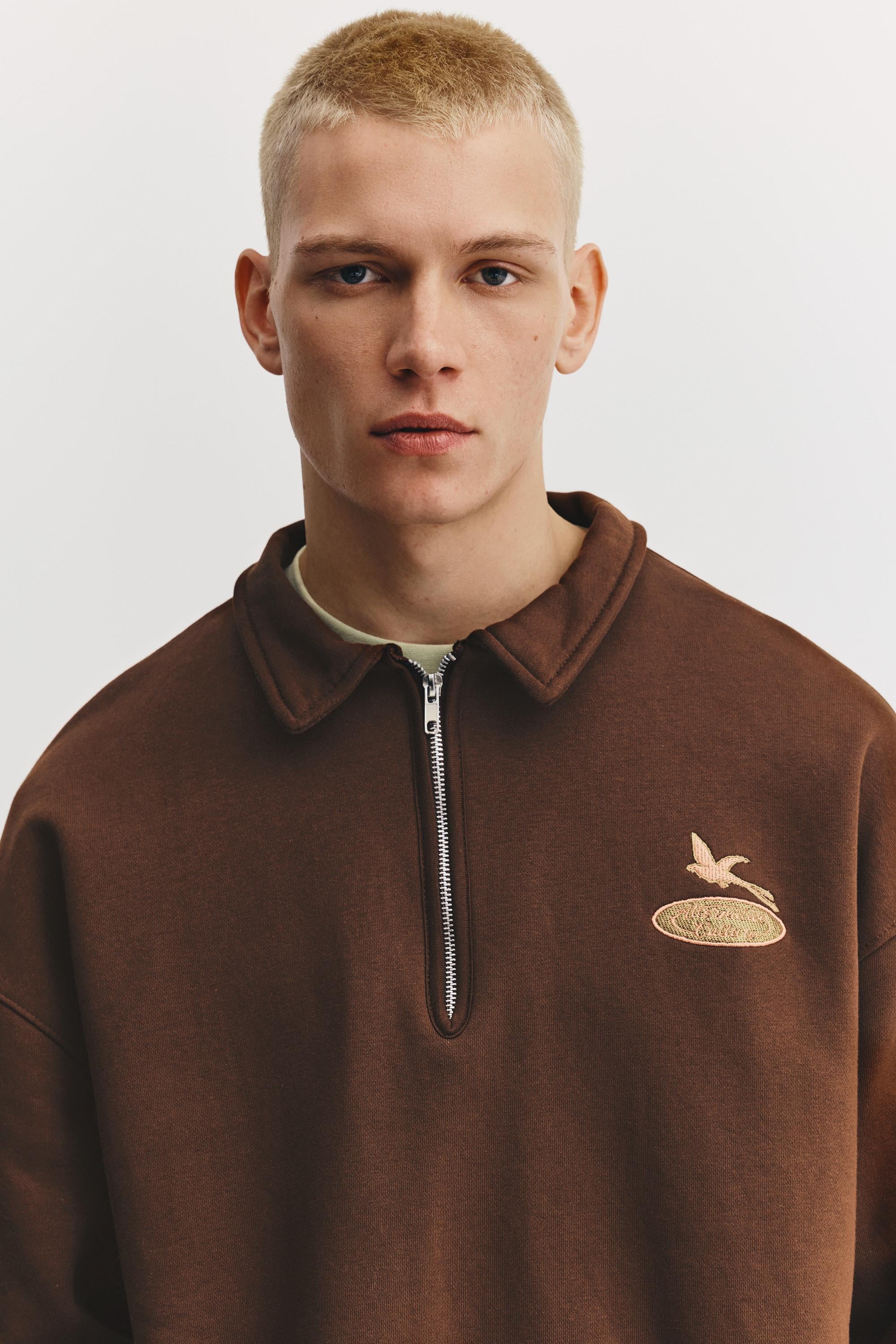 Pull&Bear Embroidered Quarter-Zip — Brown