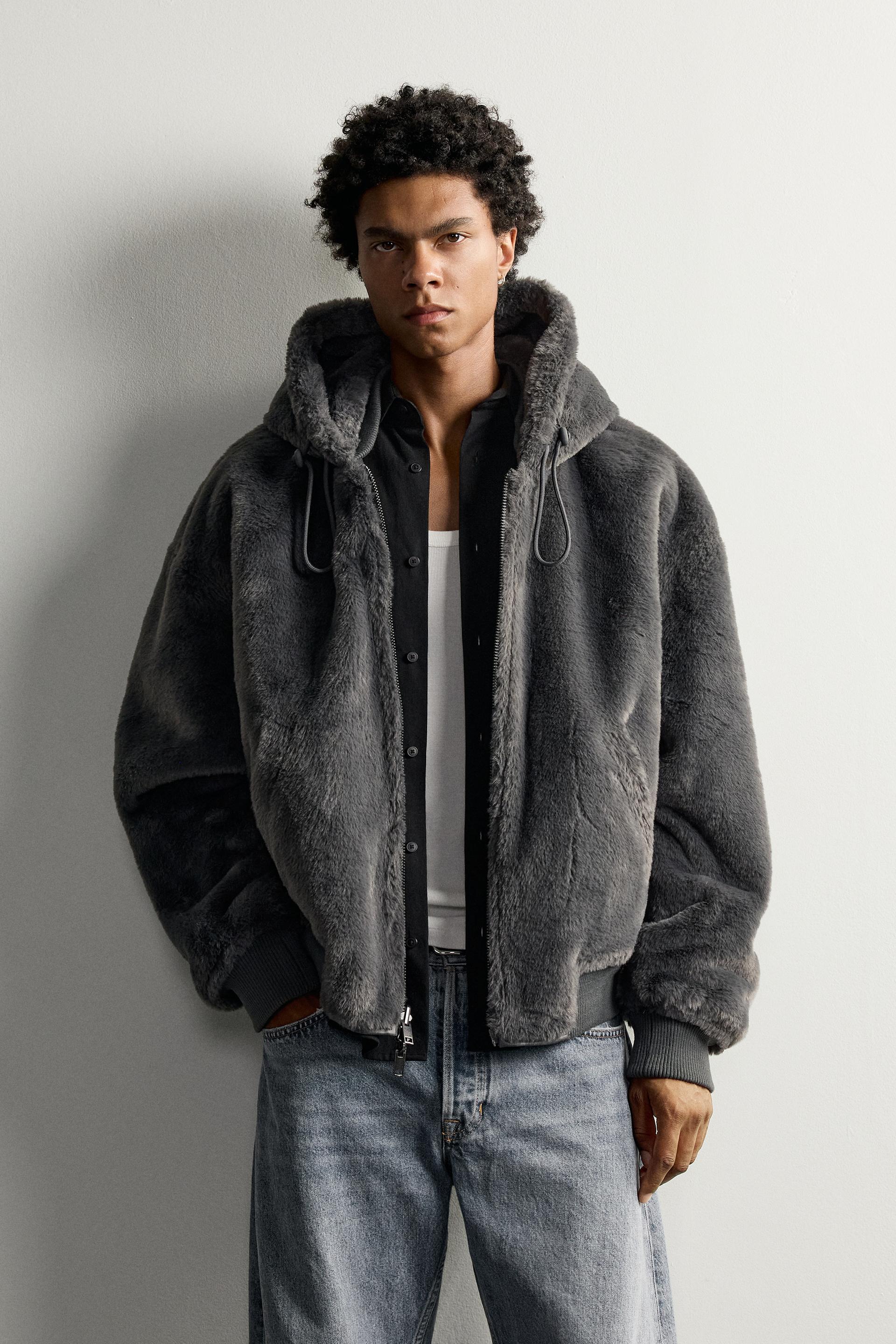 Zara Reversible Fur-Effect Bomber — Marengo chiné