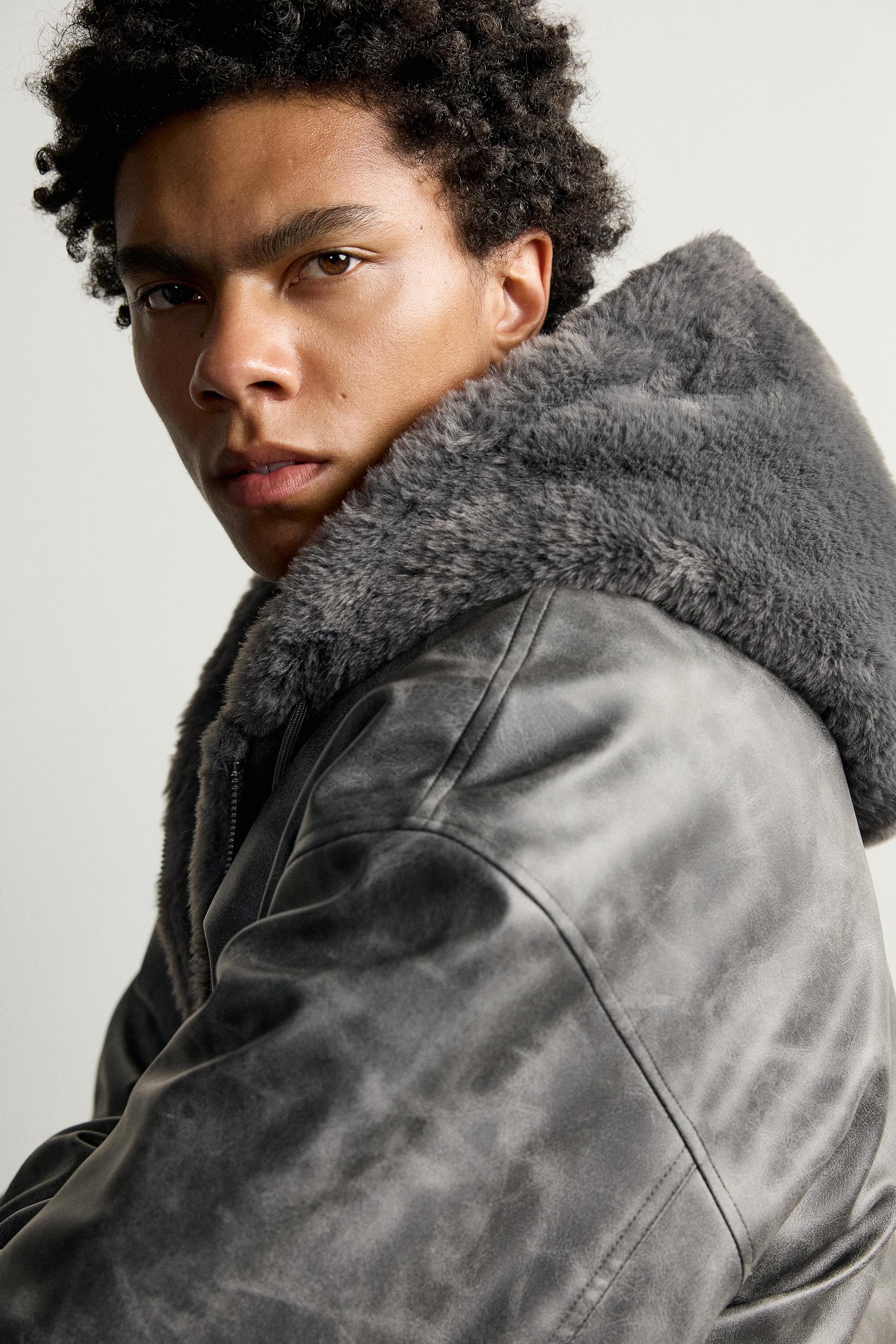 Zara Reversible Fur-Effect Bomber — Marengo chiné