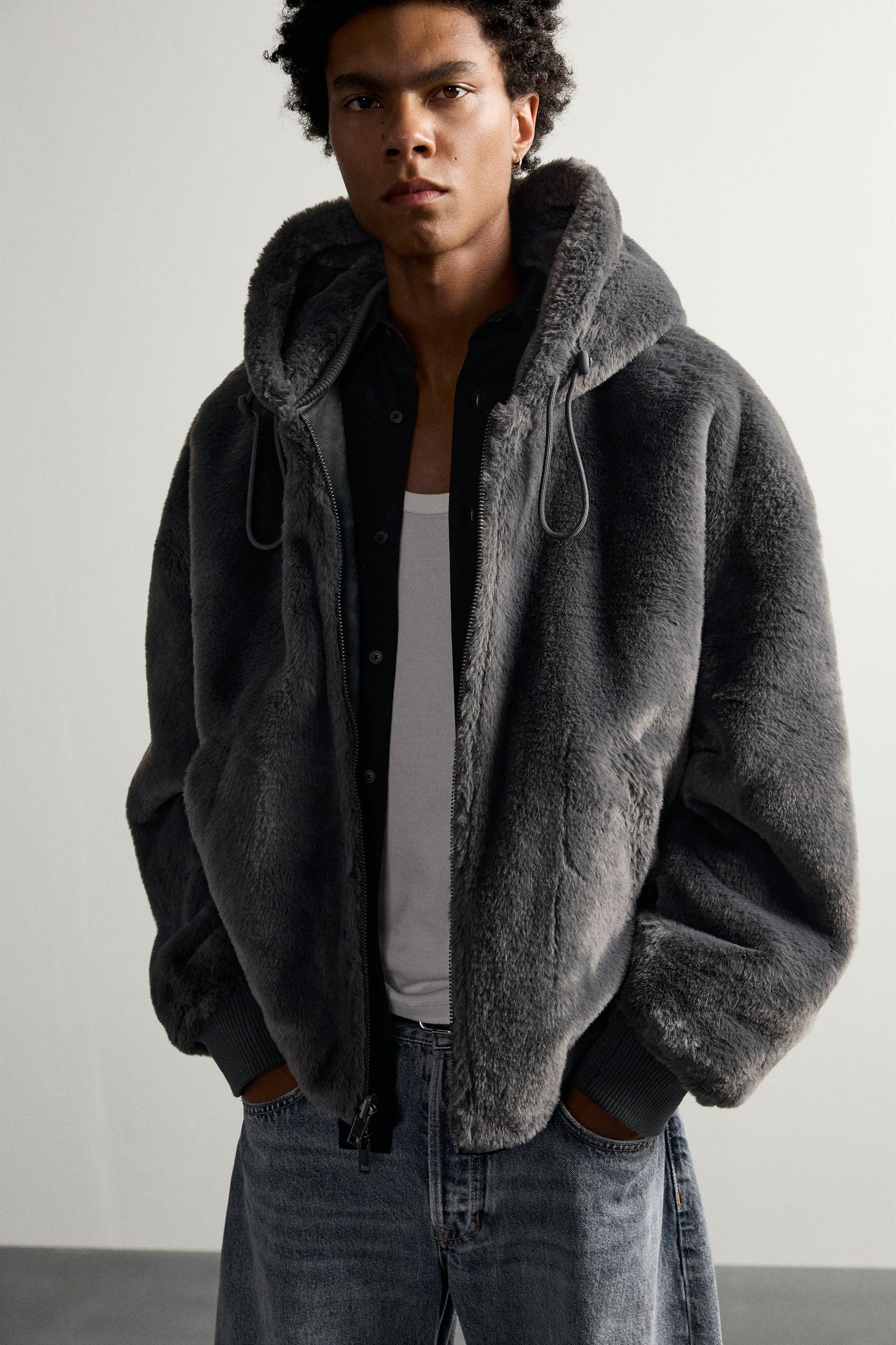 Zara Reversible Fur-Effect Bomber — Marengo chiné