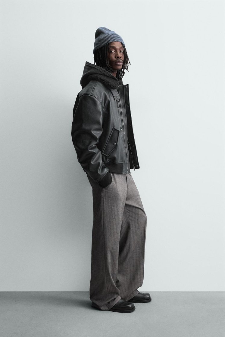 Zara LEATHER EFFECT JACKET WITH DETACHABLE COLLAR — Black