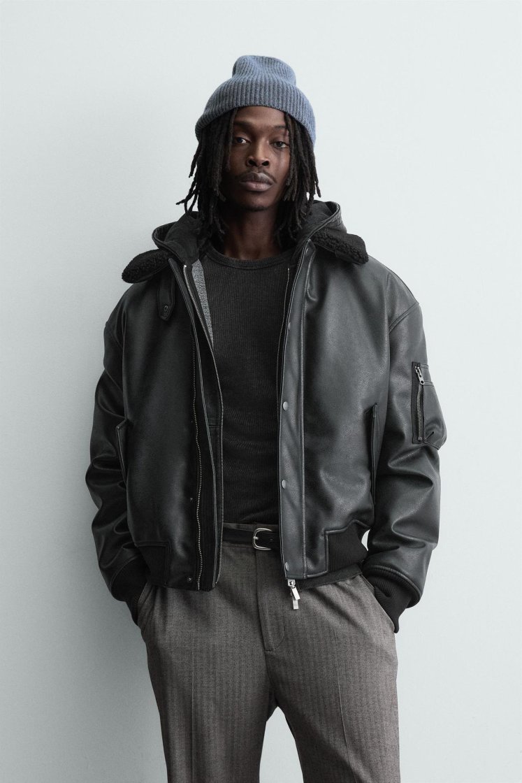 Zara LEATHER EFFECT JACKET WITH DETACHABLE COLLAR — Black