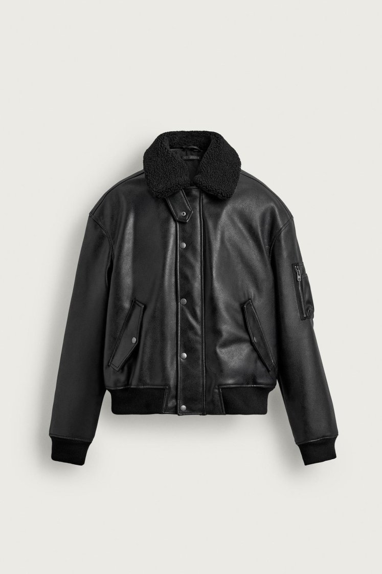 Zara LEATHER EFFECT JACKET WITH DETACHABLE COLLAR — Black